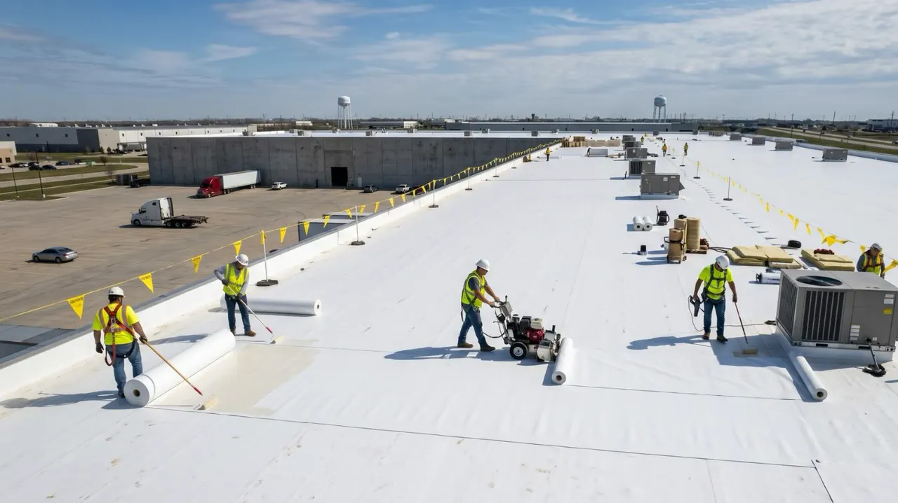 Crew rolling out white TPO membrane on a commercial roof