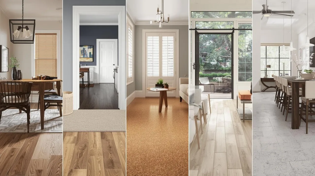 Example of beige tile flooring connecting a living and dining area