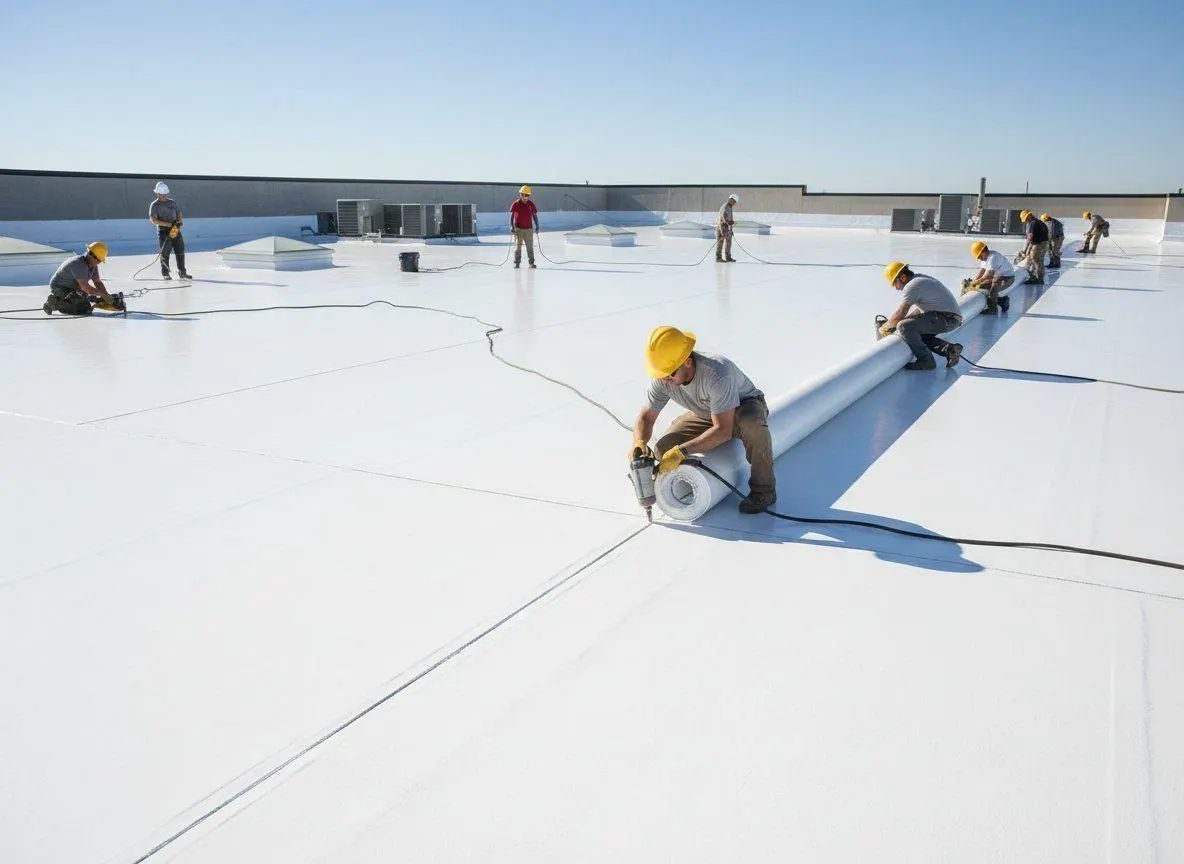 Workers heat-welding seams of a white TPO membrane