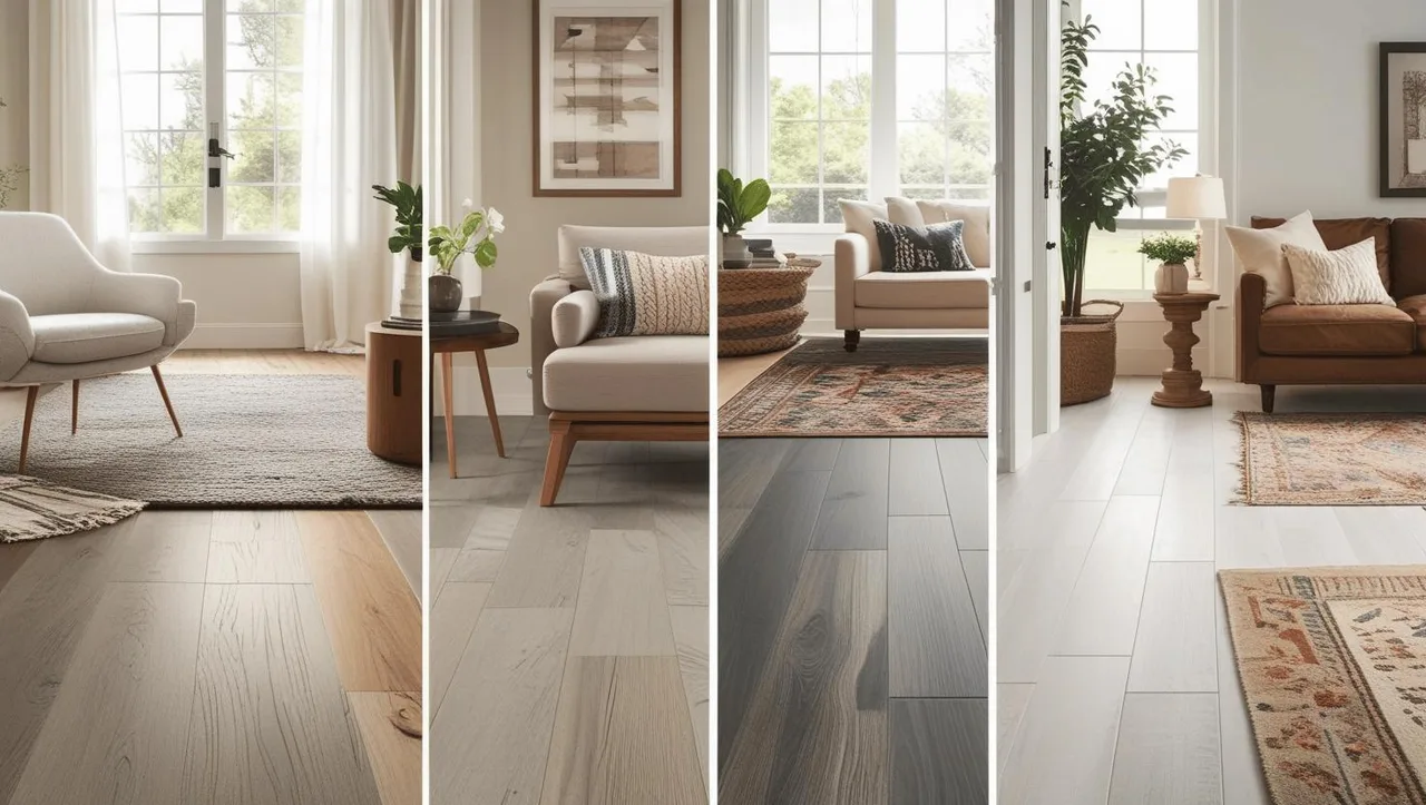 Examples of different flooring materials in living spaces