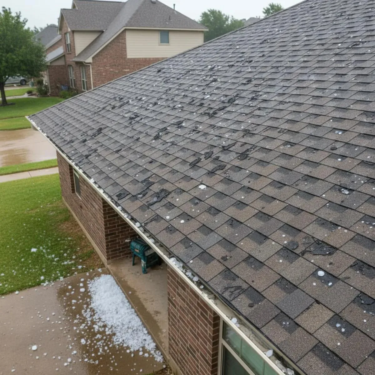 Shingle roof with visible surface marks and ice pellets on the ground after severe weather
