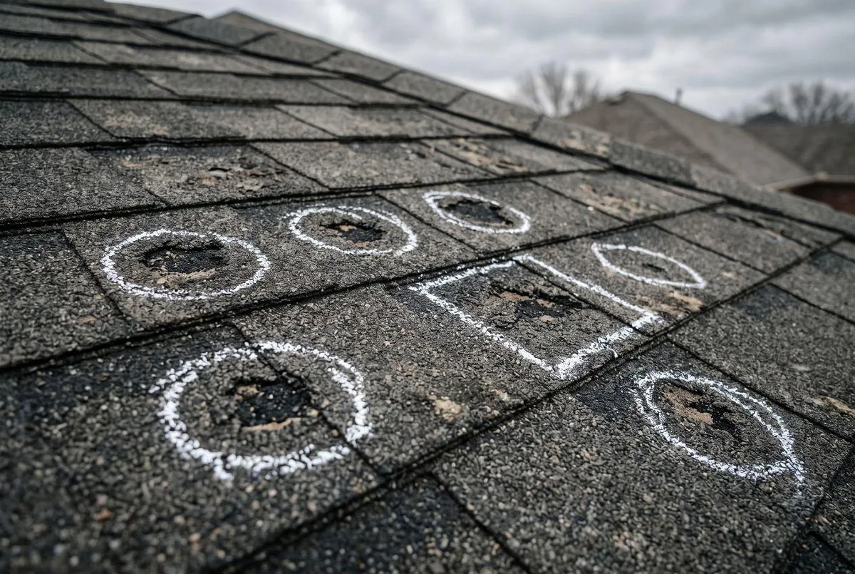 Close-up of shingles with chalk circles marking areas for closer evaluation