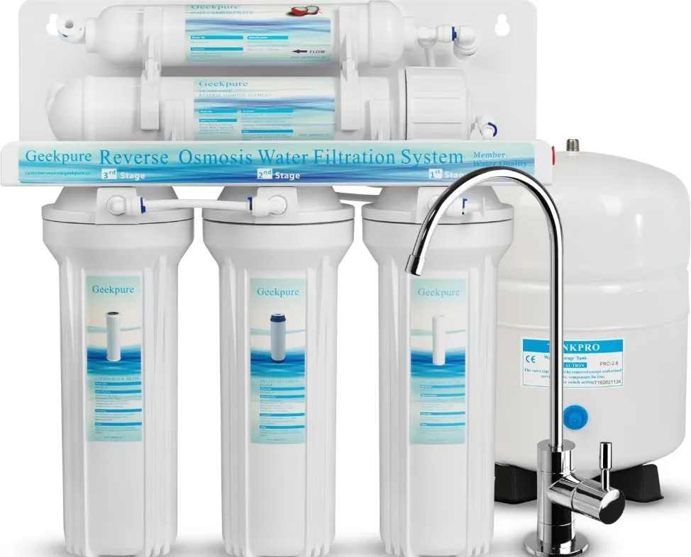 Under-sink reverse-osmosis water filtration system with filter stages, storage tank and dedicated faucet