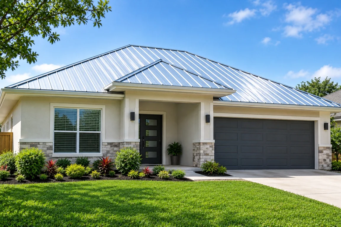 Front view of a single-story home with a silver metal roof