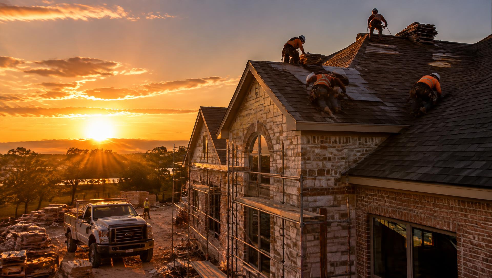 Construction crew working on a roof of a Texas home at golden hour
